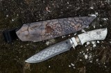 Авторский нож Шаман (сложный мозаичный дамаск, зуб мамонта, клык моржа, формованные ножны, скрим шоу), фото 14
