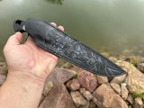 Нож Оберег (сложный мозаичный дамаск, макуме, рог буйвола, скрим шоу, формованные ножны с тиснением), фото 3