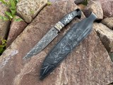 Нож Оберег (сложный мозаичный дамаск, макуме, рог буйвола, скрим шоу, формованные ножны с тиснением), фото 5